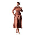 European and american cross-border women's fashion:  spring new arrival - elegant mock neck brown patchwork a-line midi dress
