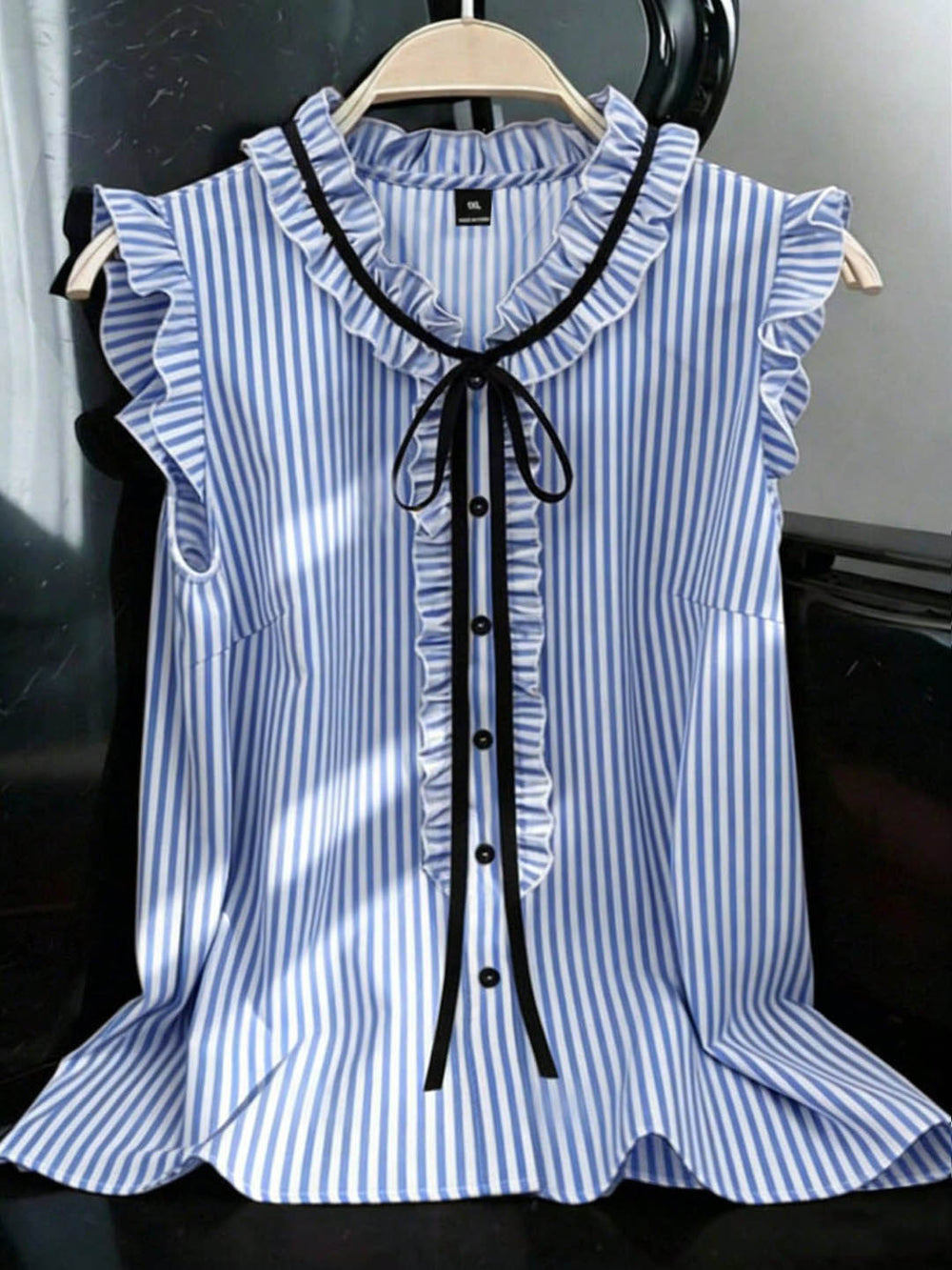 Export gentle wind stripesplus size shirt lotus leaf flying sleeves v neck black ribbon bowsslimming look sleeveless tops