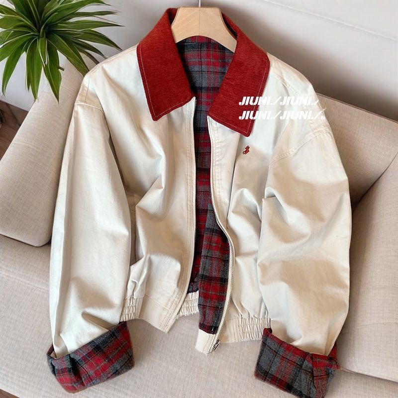 American lapel embroidered jacket 2025 spring and autumn new large size casual retro sweet cool baseball top contrasting colors
