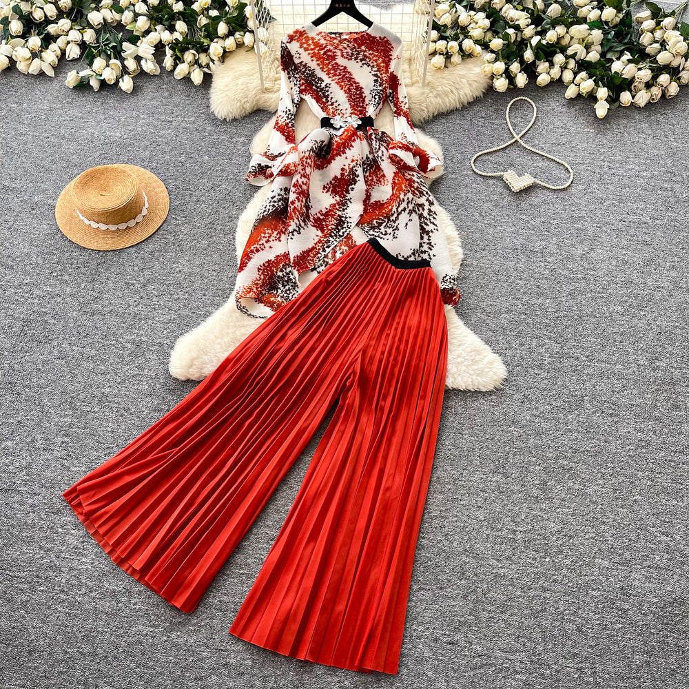 Classyniche stylework clothing style three-quarter sleeve topshigh waistpleatedcasualloose pants women's autumslimming looktwo-piece set