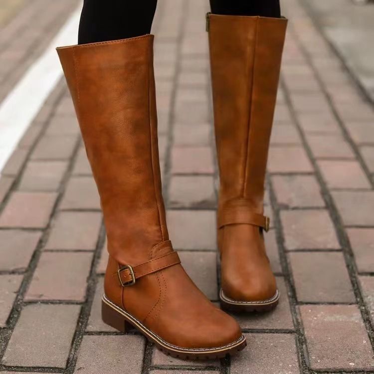 fall and winternew arrivalfashion side zipper round head belt buckle knee high women's knight boots in stockplus size boots for women