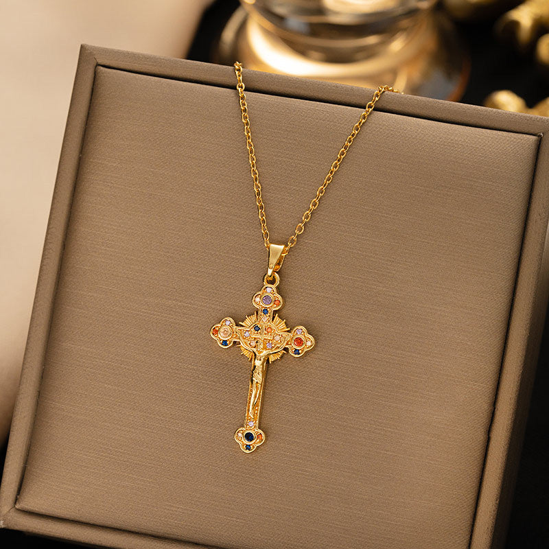 【titanium steel】necklace for women, cross-border fashion, full diamond colorful zircon cross pendant, high-end clavicle chain jewelry