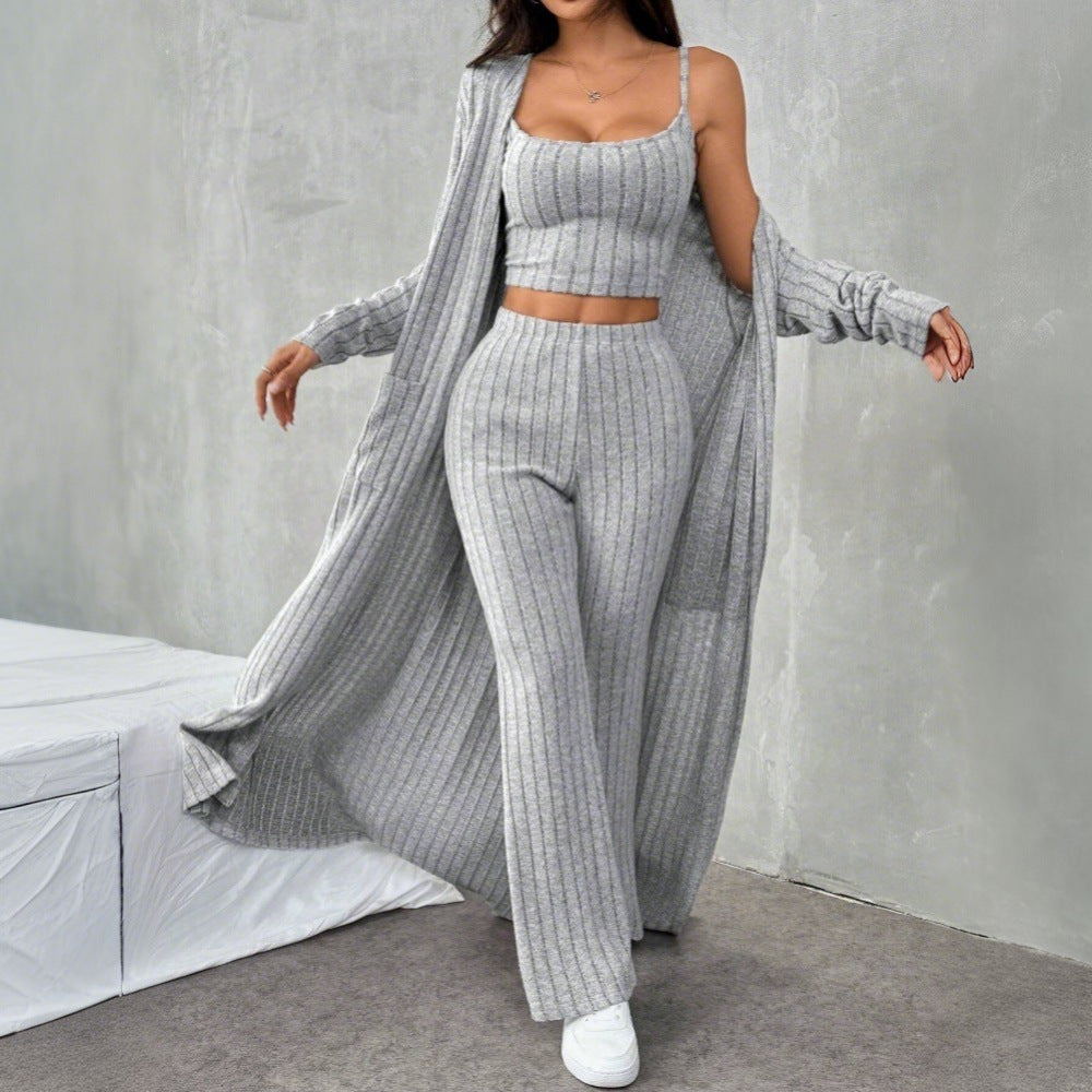 spring/summer new arrival: cross-border european and american style relaxed fit fashion set - stylish casual knitted three-piece loungewear