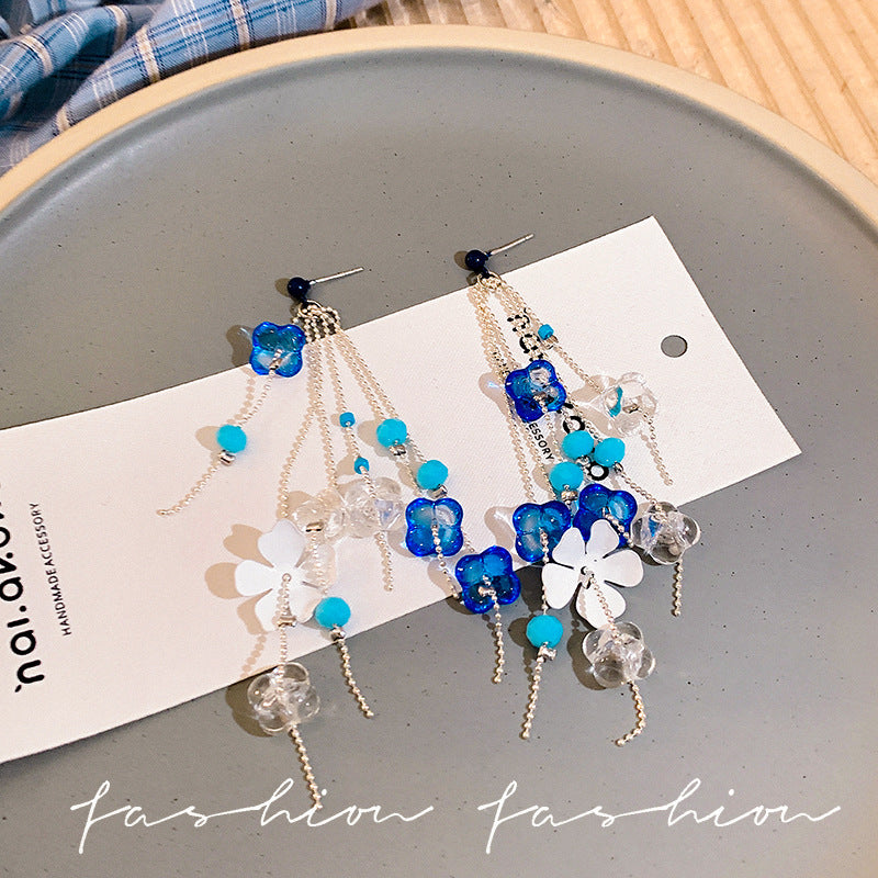 French chic tassel flower stud earrings - ethereal blue, fresh & elegant, unique long earrings for spring/summer beach looks