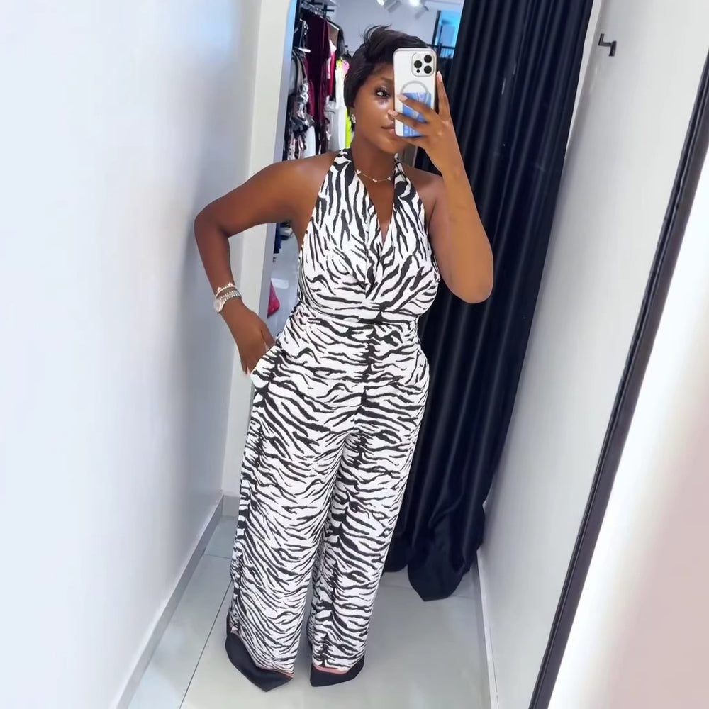 European and american cross-border african women's clothing  summer new zebra print halter neck sleeveless backless top and pants set for women