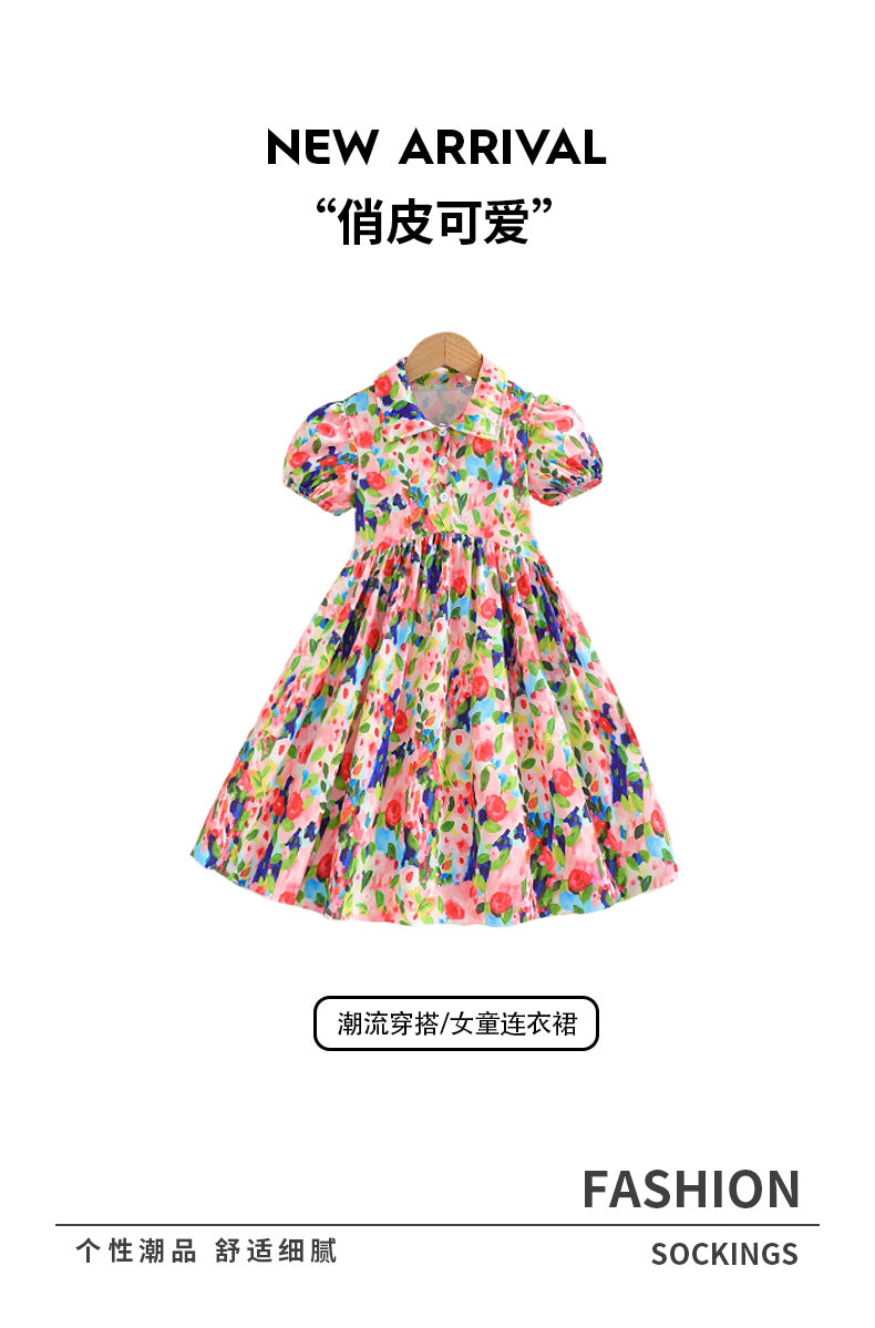 girl floral dresssummer monet oil painting style puff sleeve casual western style kids lapel long skirt