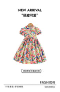 girl floral dresssummer monet oil painting style puff sleeve casual western style kids lapel long skirt