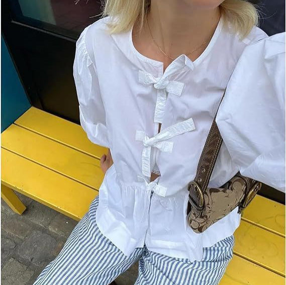 European and American  popular butterfly cardigan top early autumn lace-up crew neck bubble sleeve fashionable sexy loose T-shirt