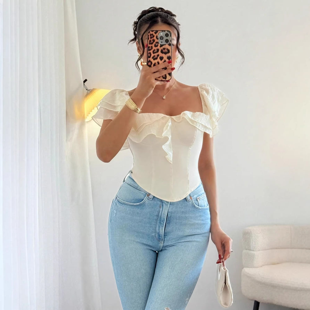 Amazon cross-border fashion one-shoulder rufflestube top fishbone waist silmshort t-shirt plus size hot girl