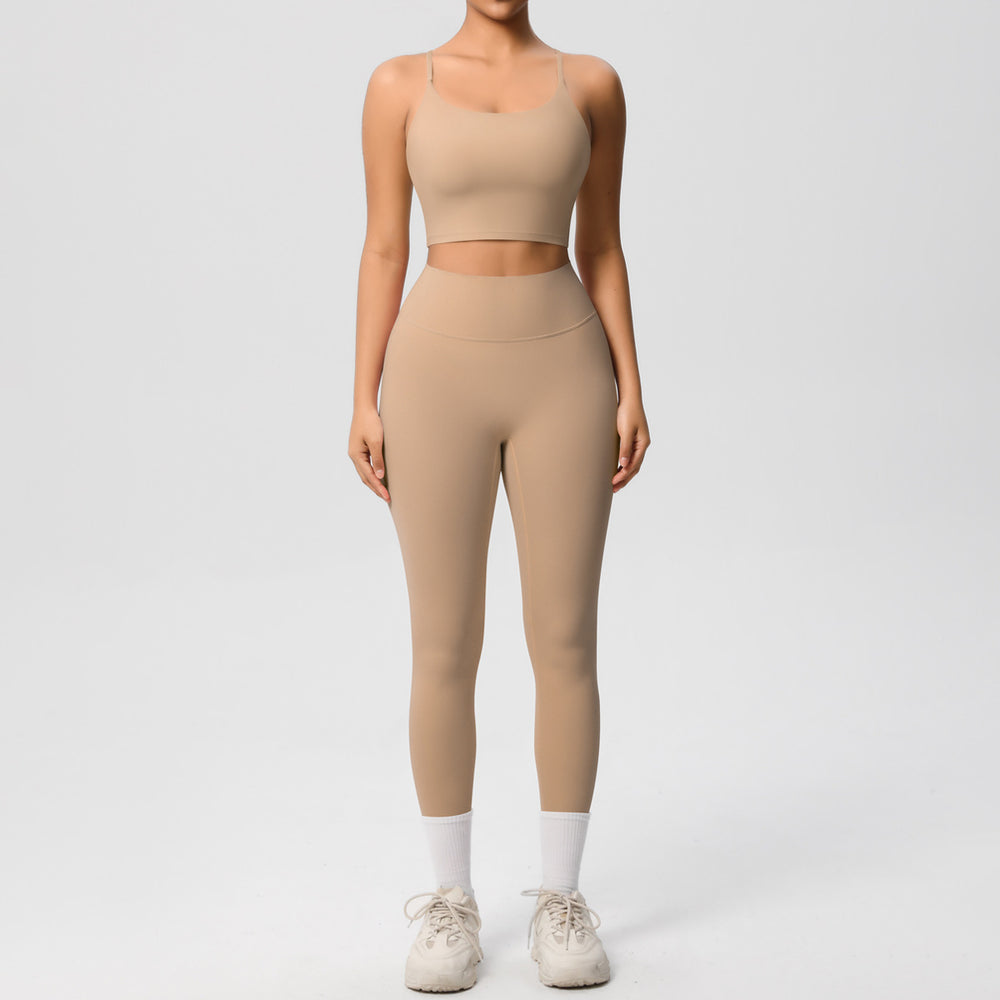New arrival: double-sided brushed solid color seamless back compression yoga set - breathable workout outfit for running and fitness (two-piece)