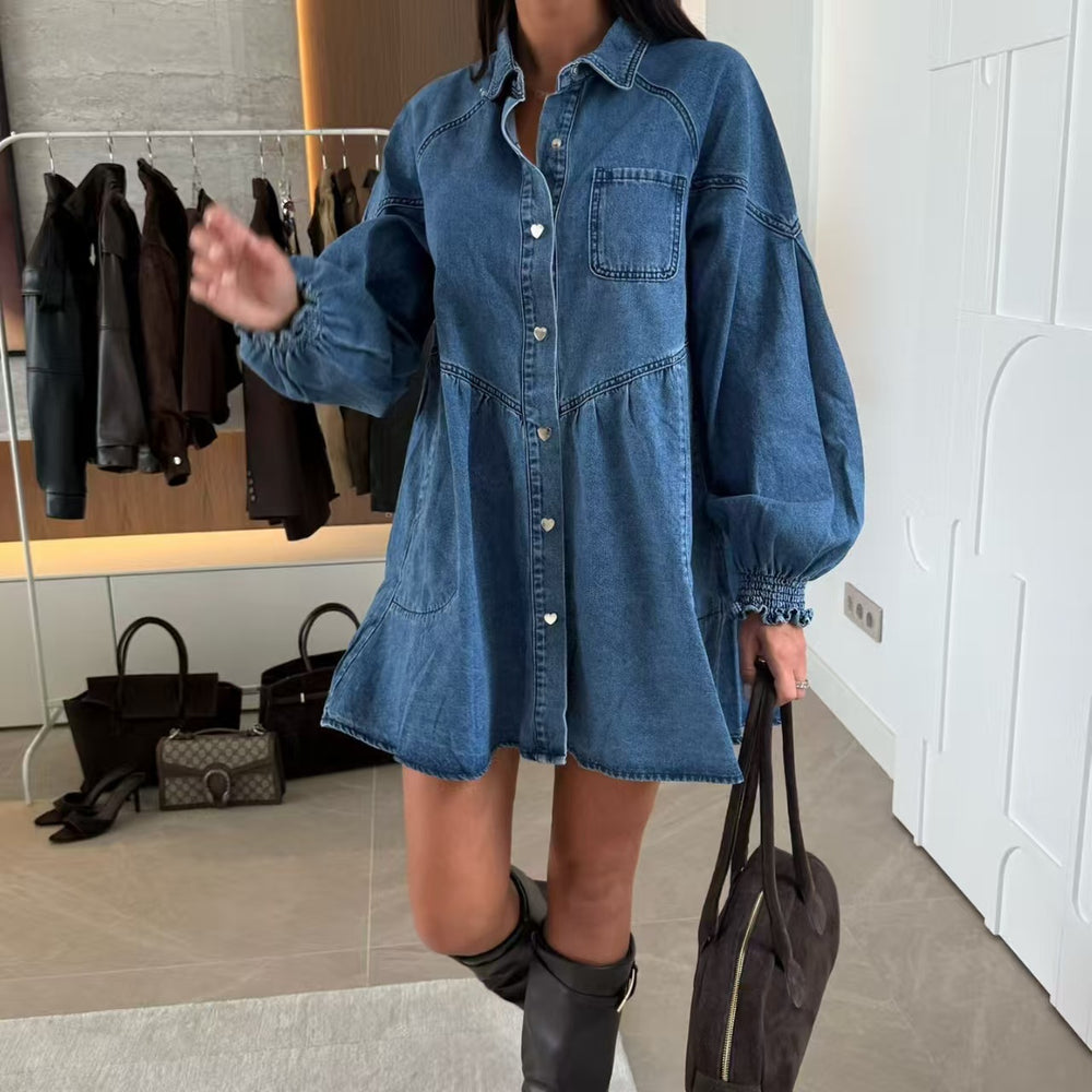European and american cross-border  independent station export fashion skirt casual shirt button long sleeve denim dress women