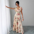 floral bubble sleeve french chic v-neck fitted waist maxi dress - printed floral summer dress