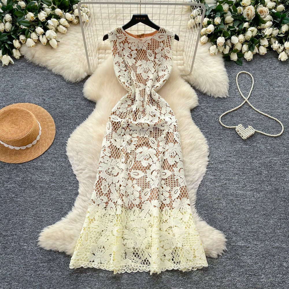 French romantic style heavy lace cutout dress - women's summer sleeveless high waist a-line slimming elegant maxi dress