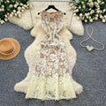 French romantic style heavy lace cutout dress - women's summer sleeveless high waist a-line slimming elegant maxi dress