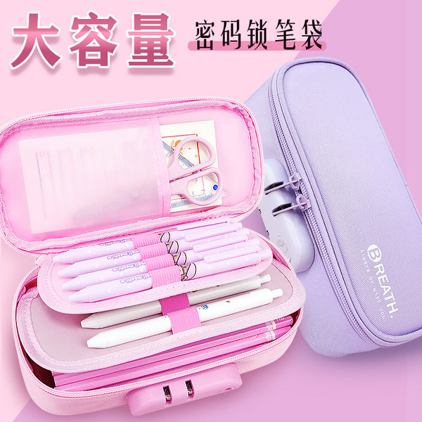 Large capacity pencil case girls 2024 new high school pencil case multi-layer combination lock stationery bag girls version