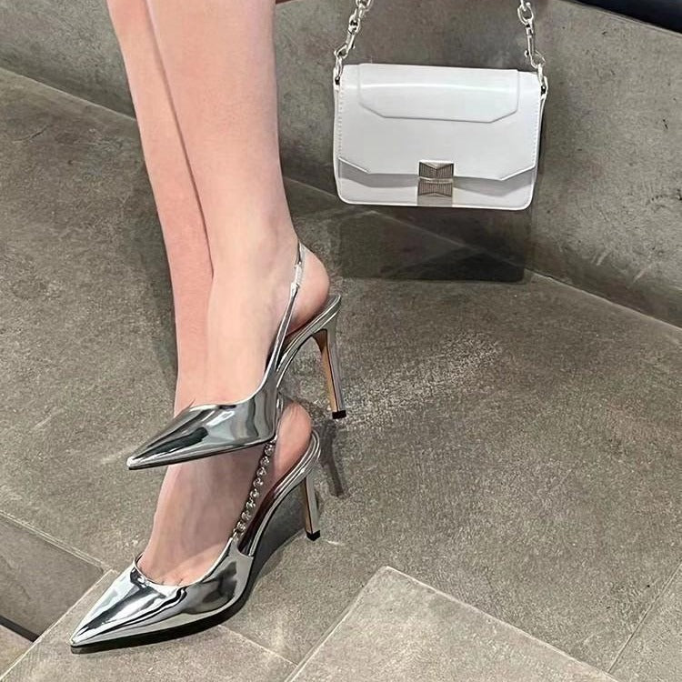Pointed-toe french sandals, 2025 new summer collection, silver rhinestone high heels, women's stiletto heels, perfect with dresses, mature and chic style