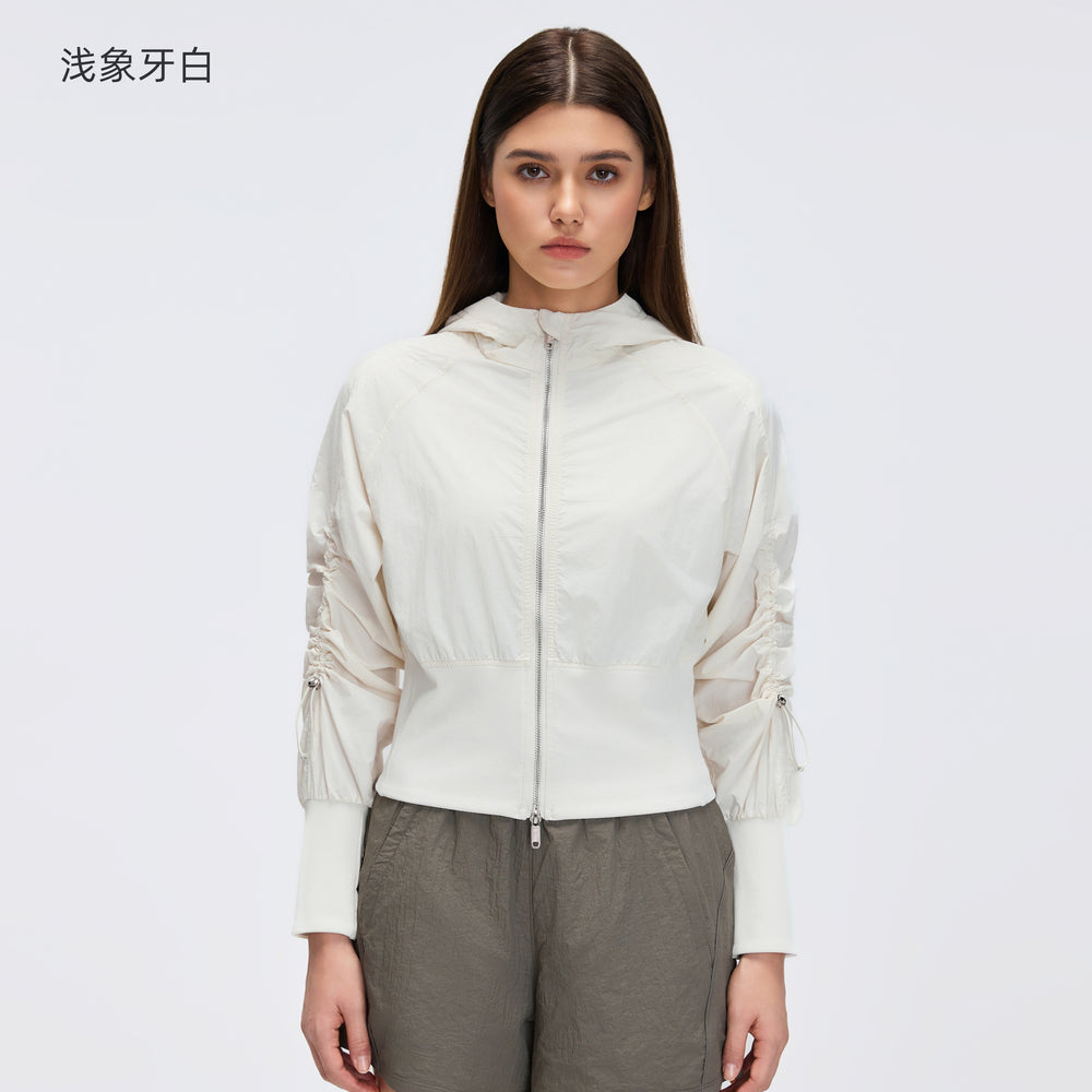 Pleated waist slimming cropped jacket - windproof zip-up outerwear - women's casual hooded cardigan - activewear top d26002