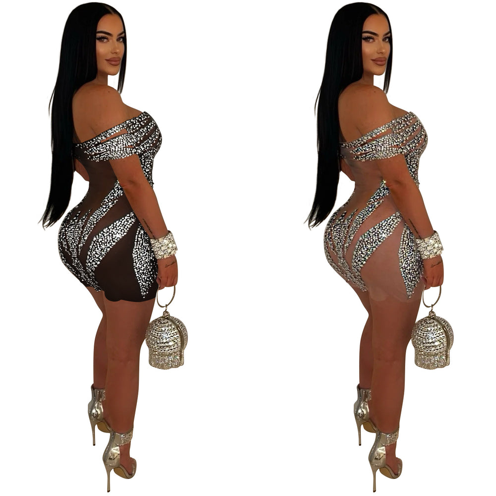 C6926 cross-border   independent station fashion women's sexy hot diamond see-through dress