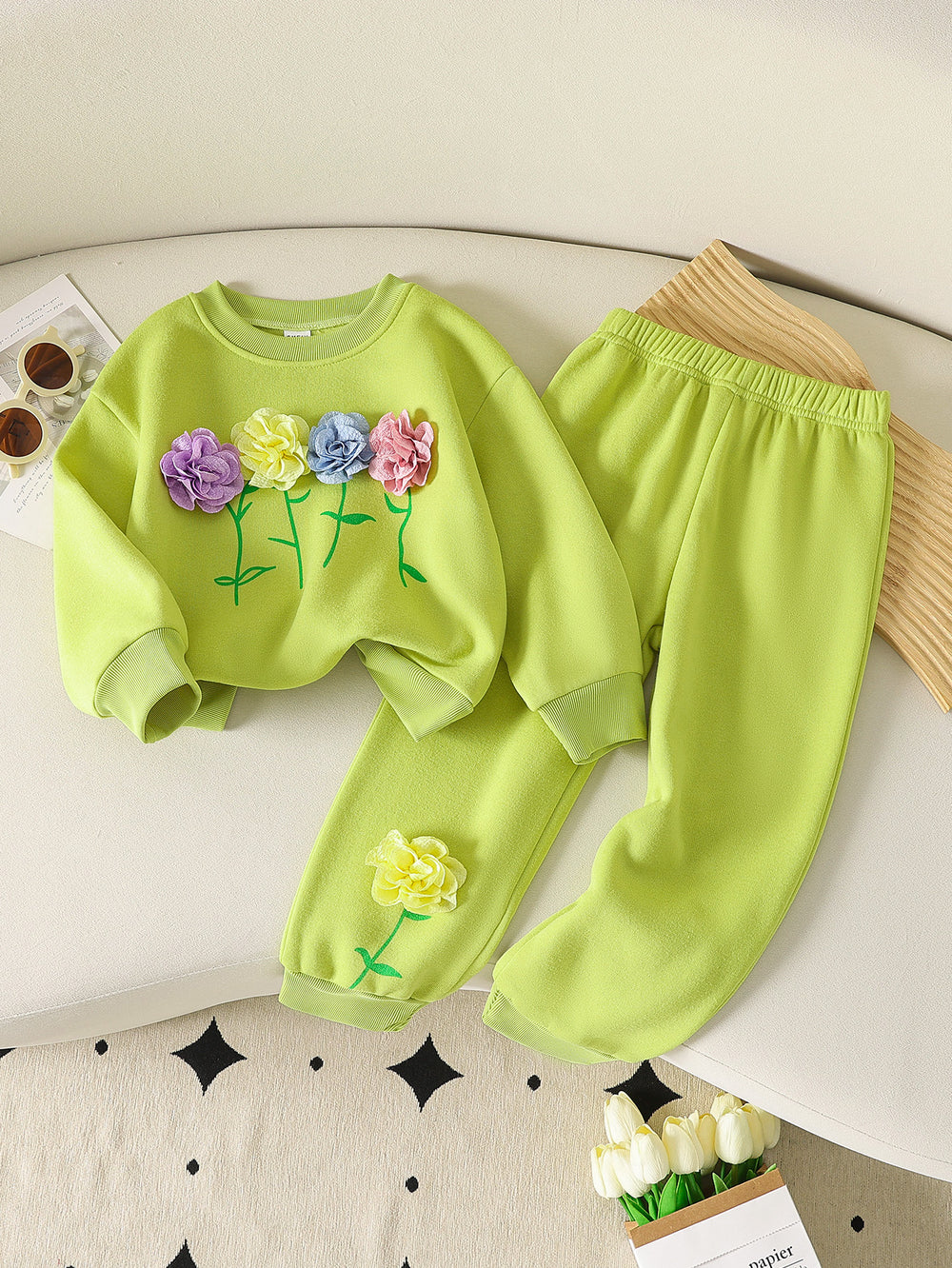 hot selling autumn new arrival 3d floral round neck set - long pants & sweatshirt two-piece outfit