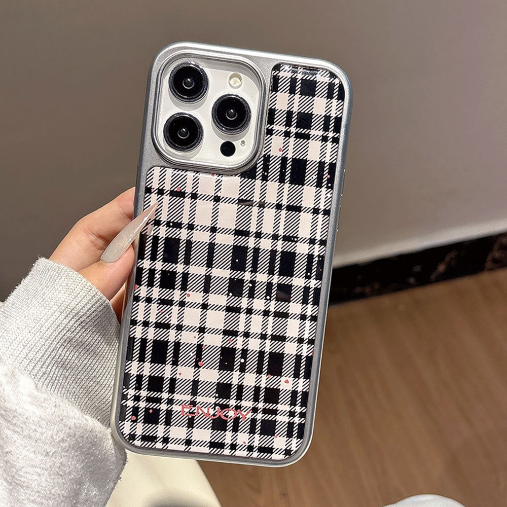 Black and white checkered iphone 17 pro max electroplated shockproof phone case, apple 16 silver edge drip glue protective cover