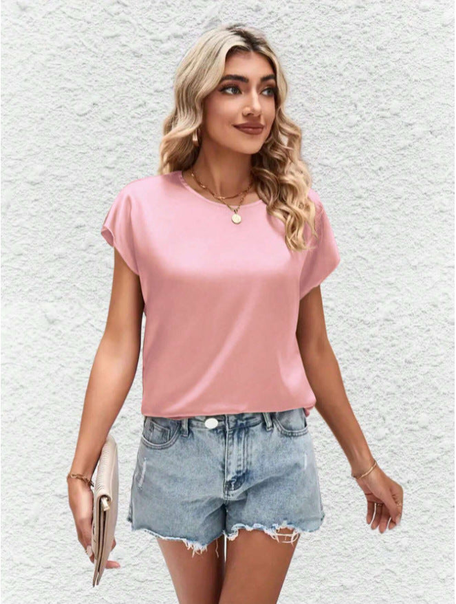 summer new arrival: women's solid color casual top - batwing sleeve satin round neck faux silk blouse