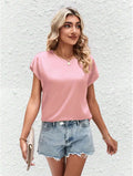 summer new arrival: women's solid color casual top - batwing sleeve satin round neck faux silk blouse