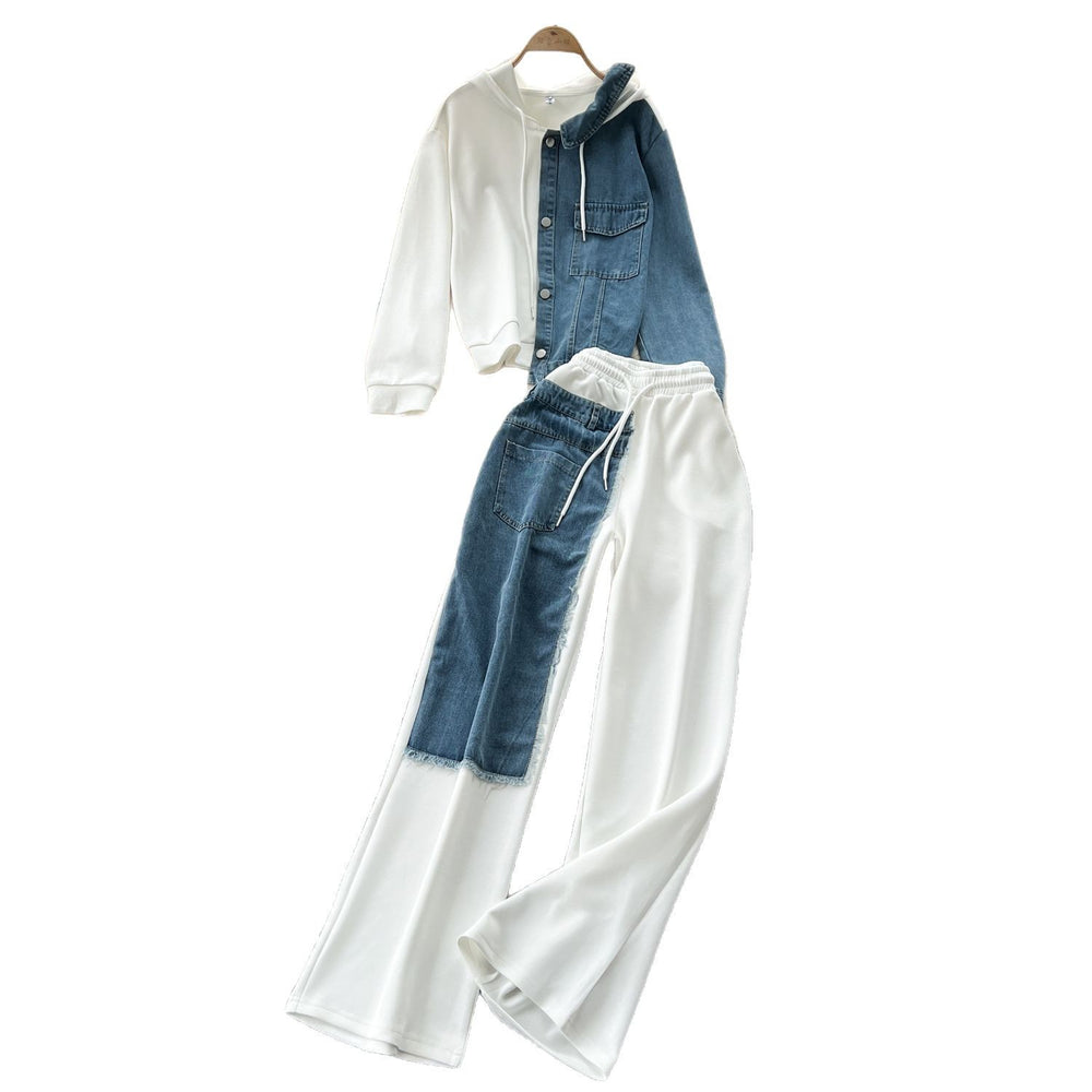 Hong kong style casual set: women's fashionable design, faux two-piece hoodie sweatshirt with high-waisted denim patchwork wide-leg pants