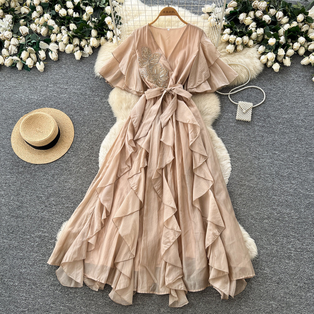 French chic v-neck flutter sleeve dress - new  collection: slimming, figure-flattering, ruffle hem maxi dress for an elegant and refined look