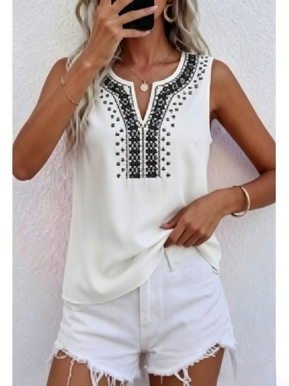 european and american new print embroidery cutout v-neck tank top t-shirt