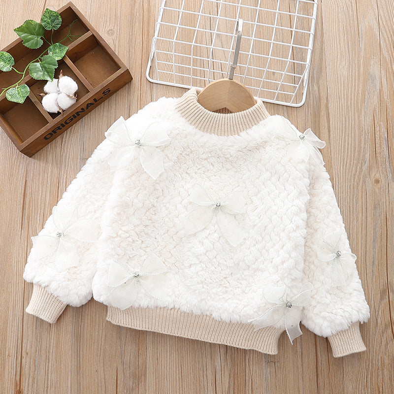 Girls' fuzzy two-piece set, thickened crew neck,  autumn/winter new collection, little girl's pullover fuzzy outfit