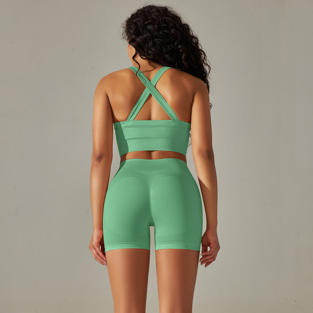 New arrival cross-border fashion seamless back cross double shoulder strap sports vest bra suit running fitness yoga pants