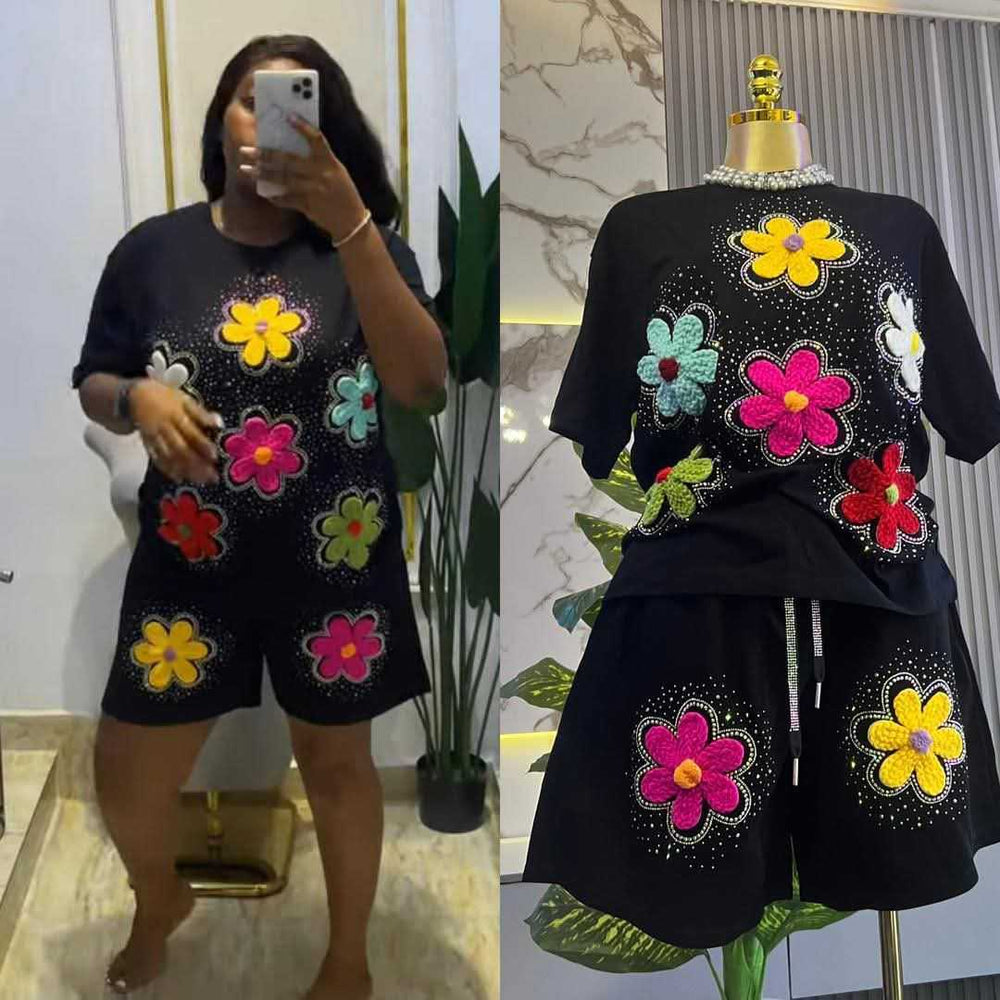 Fashionsuit european goods sense of design butterfly diamond short-sleeved t-shirt tops women + elastic waist wide-leg shorts two-piece set
