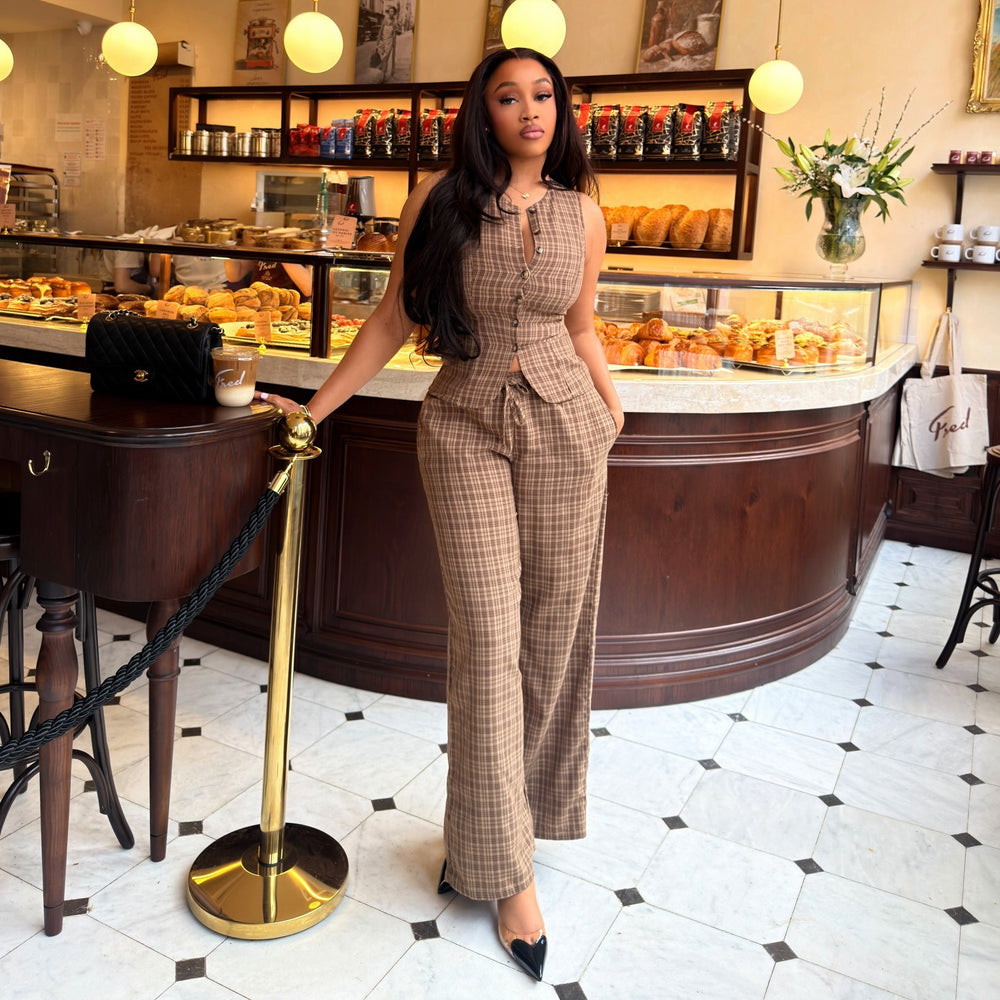 European and american cross-border women's fashion:  summer new collection - stylish round neck plaid sleeveless top with high-waisted tie-waist pants set