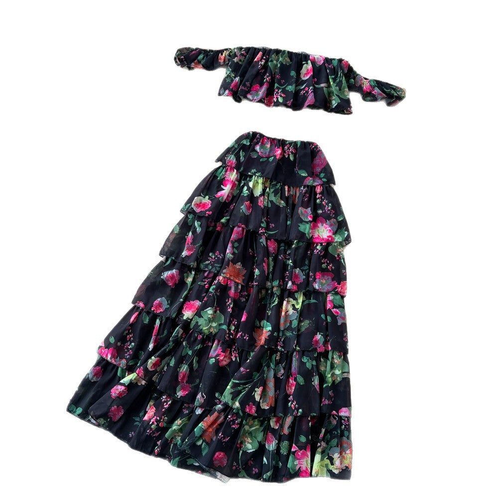 Floral off-the-shoulder bandeau cake dress two-piece set - women's summer sweet & sultry romantic maxi dress outfit