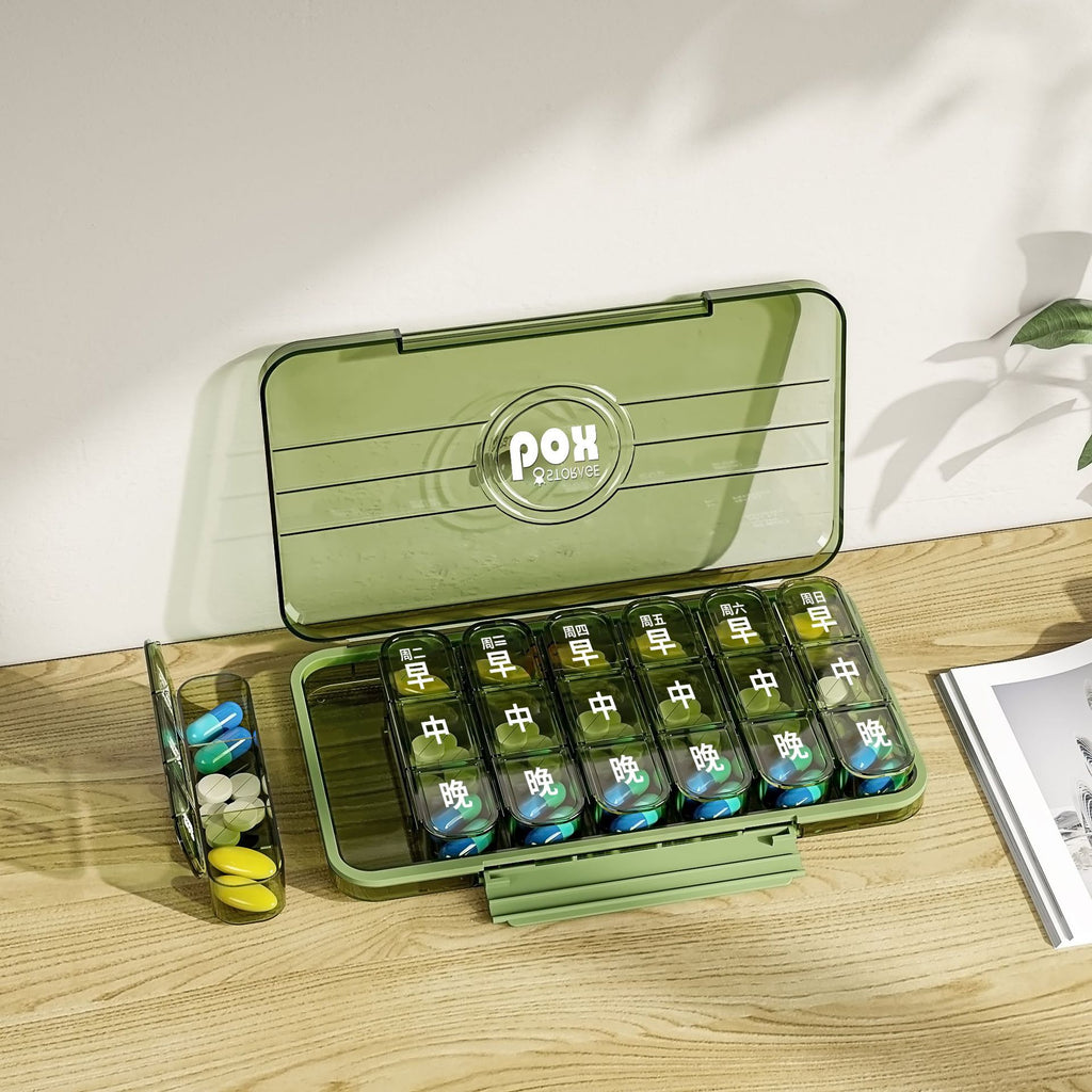 Portable and portable medicine box seven days a week, small medicine dispenser, large character mini medicine reminder box for the elderly