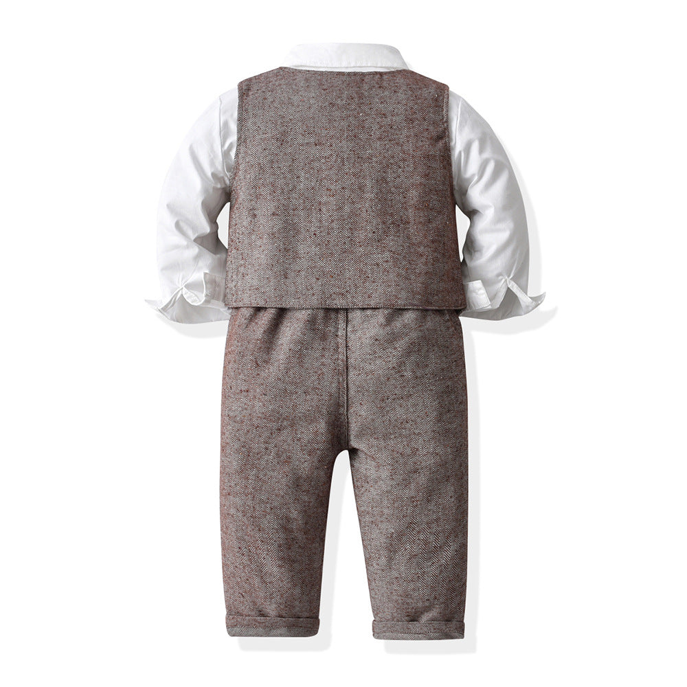 Spring boys' vest gentleman's suit new children's set long sleeve white shirt overalls runway birthday performance outfit