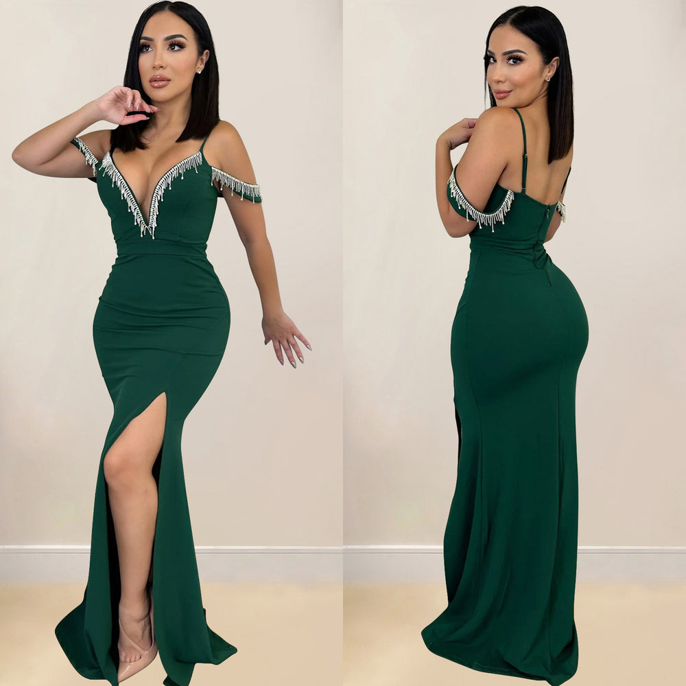C6771 cross-border   fashion women's solid color tassel strap maxi dress