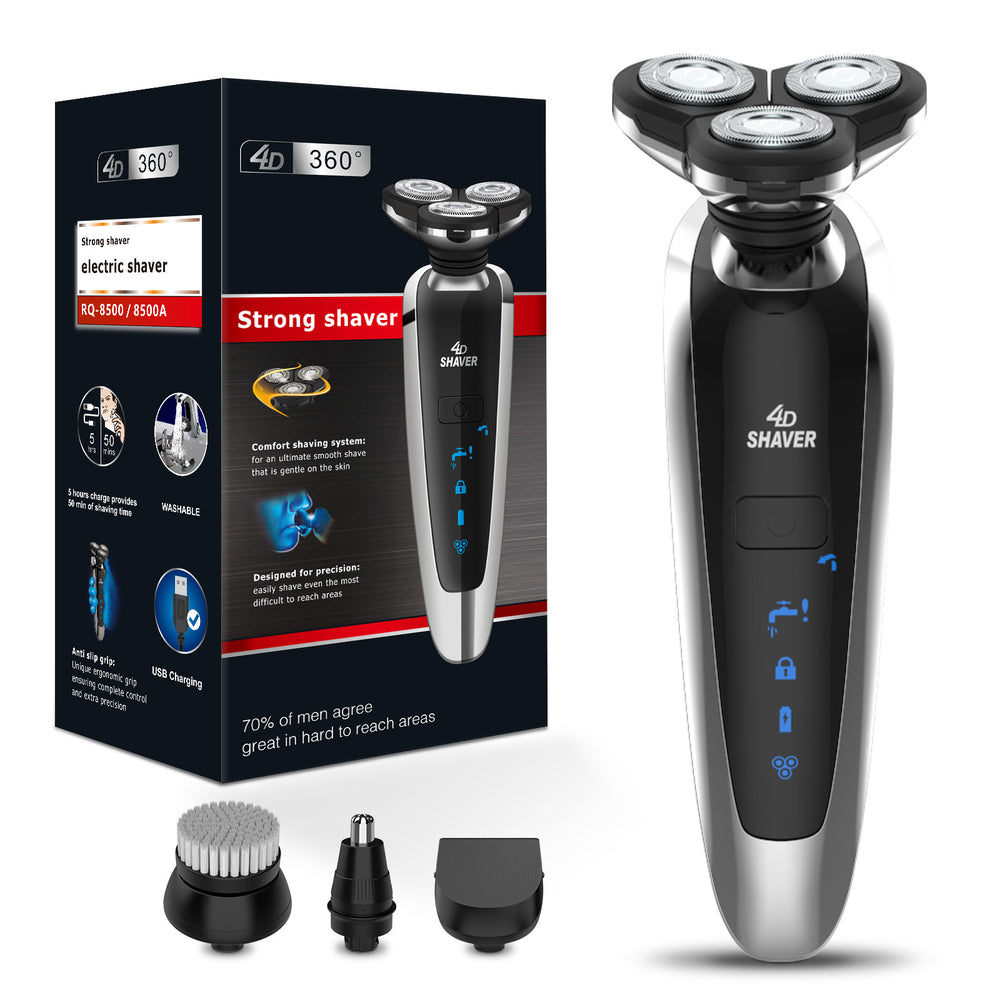 Men's electric shaver - home use, digital display, full body washable, floating triple-blade razor, all-in-one grooming kit