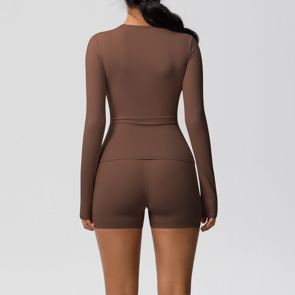 New arrival: european and american style solid color double-sided brushed nylon long-sleeve yoga set - activewear two-piece for running and fitness
