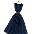Korean style sleeveless v-neck dress for women,  summer high-end tie-waist slimming a-line denim dress