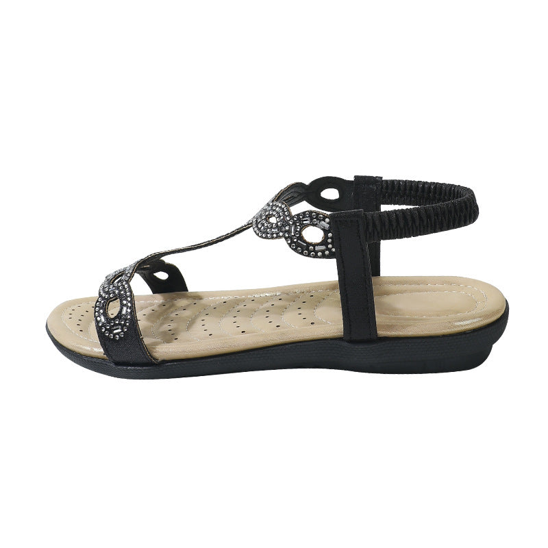 2025 summer new korean style fashionable breathable comfortable women's flat sandals, trendy rhinestone cross-border plus size sandals