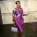 European and american style cross-border women's striped print unique streetwear bodycon dress - chic round neck long sleeve cinched waist trendy dress