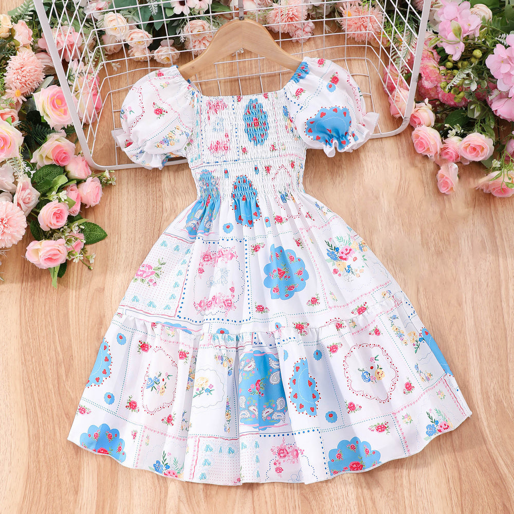 Kids' short-sleeve printed smocked dress - fresh & sweet country style