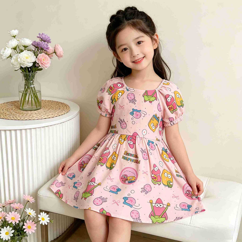 【matching family outfit】girls' cartoon spongebob dress - summer bubble sleeve floral dress - cute baby & toddler clothing