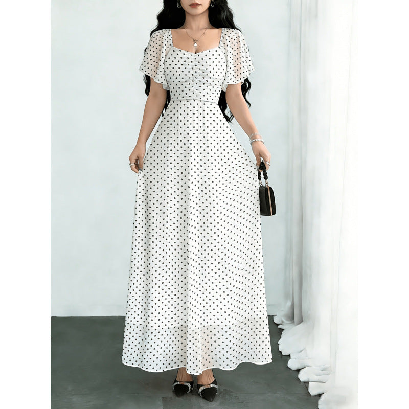 Women's summer new french chic ruffle sleeve fitted waist a-line chiffon maxi dress