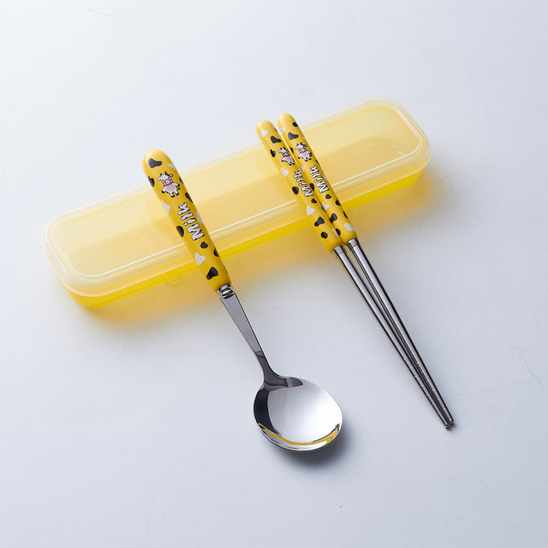 Portable storage cutlery set - cute cow design stainless steel children's dinnerware set: fork, spoon, and chopsticks