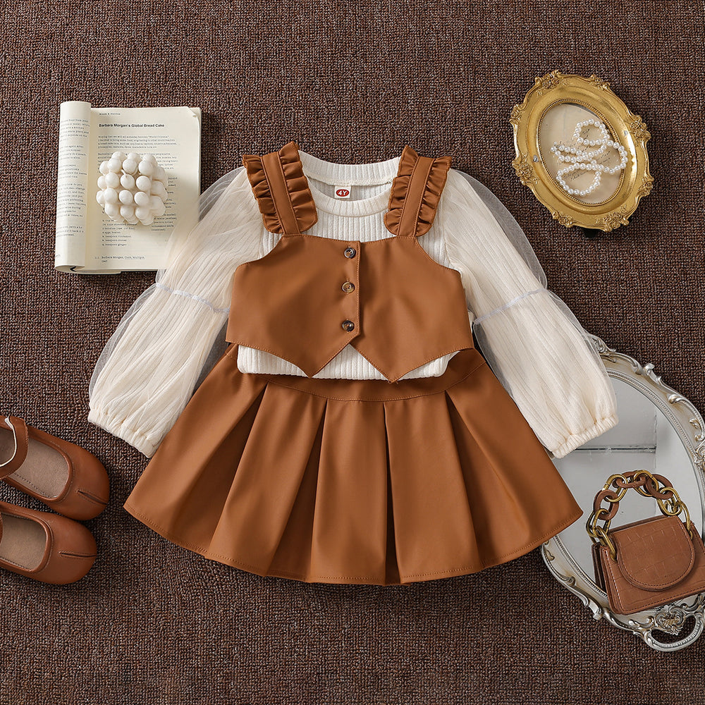 autumn new girls' preppy style mesh knit base layer top with leather vest + pleated leather skirt three-piece set