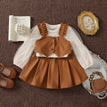 autumn new girls' preppy style mesh knit base layer top with leather vest + pleated leather skirt three-piece set