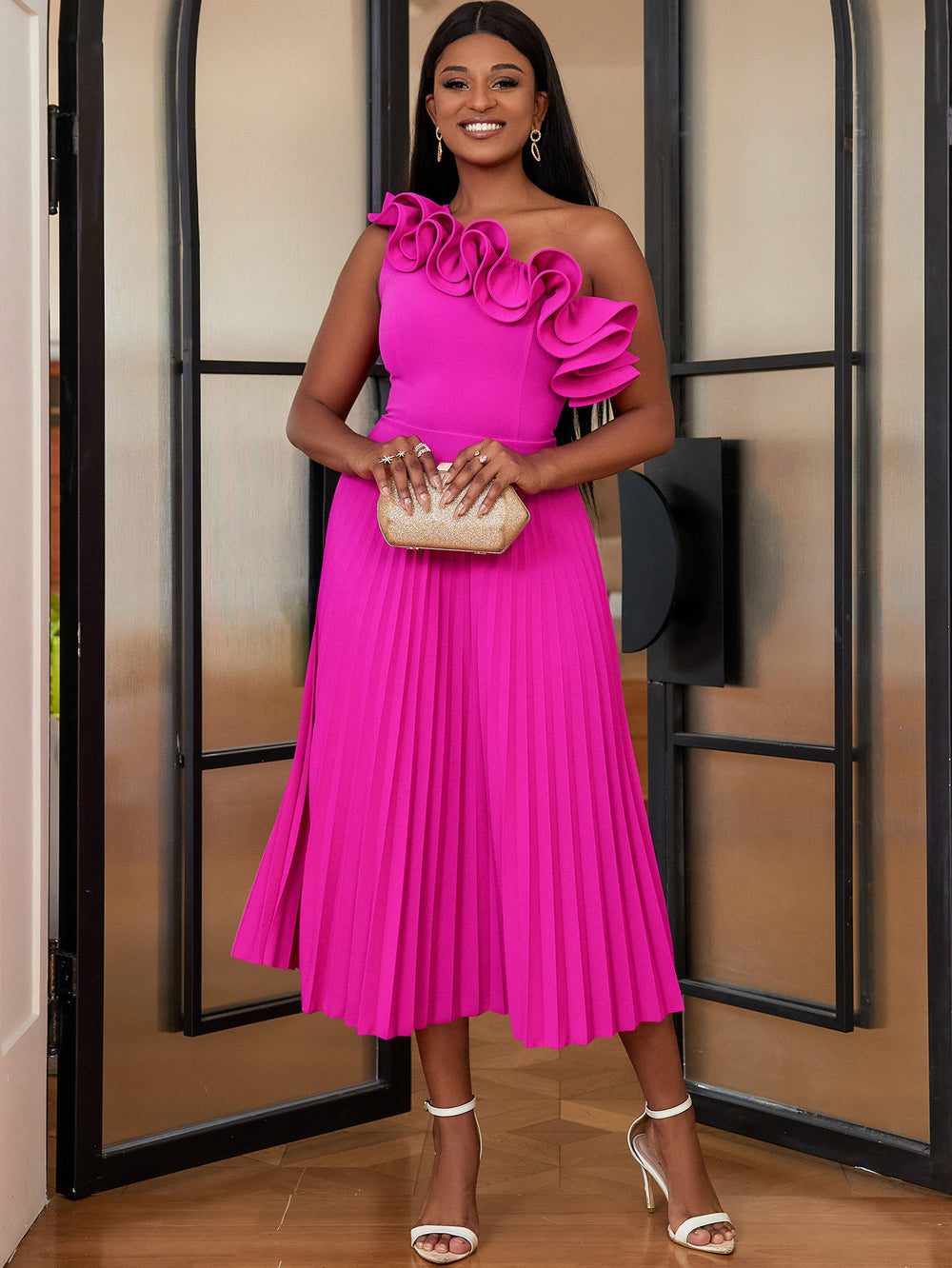 Am030113 one shoulder slanted neck high waistdress party banquet multi-color pleated skirt party dress
