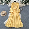 French chic lantern sleeve crochet embroidered dress - women's summer korean style tie-waist a-line maxi dress